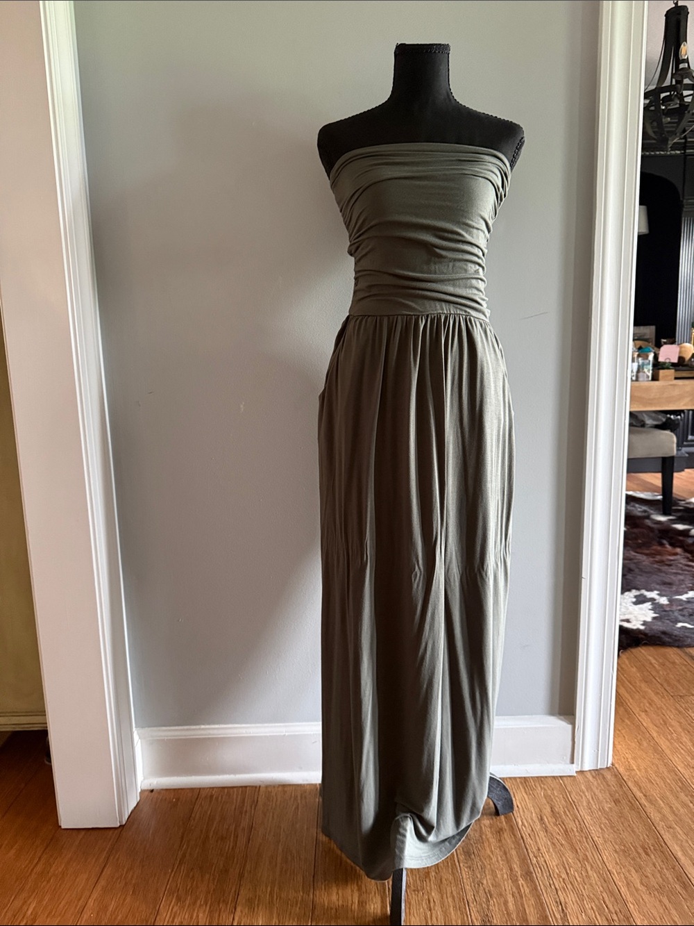 Strapless Olive Green Maxi Dress with Ruched Bodice